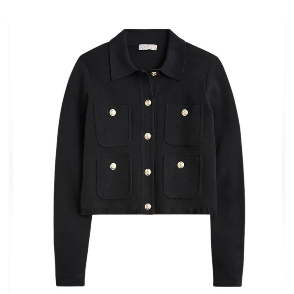 J Crew Sz L Black Patch Pocket Sweater Lady Jacket Preppy Old Money Gold Buttons